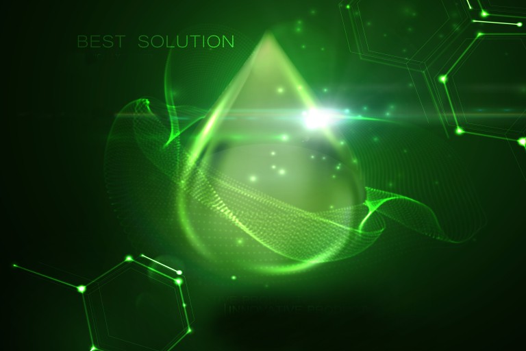 Разработки Green, transparent drop and a background of molekualr structures