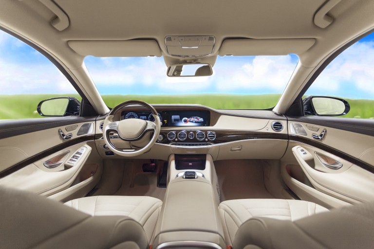 Сокращение выбросов в приоритете Beige colored interior of an upper class car viewing through the wind shield onto a green meadow and a blue sky